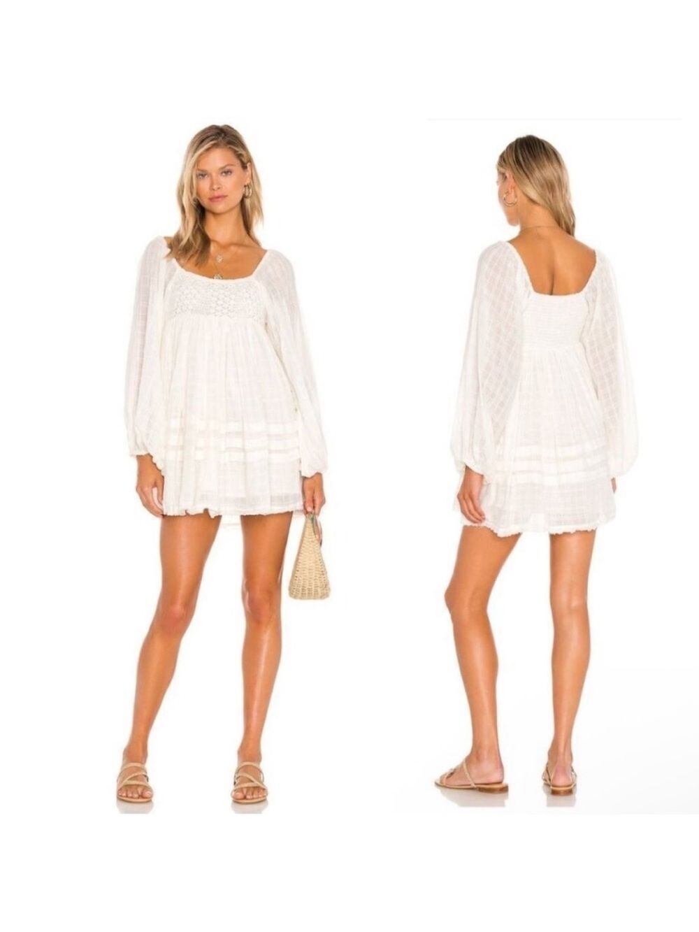 Free People Ari White Crochet-Bust Peasant Mini Dress Bohemian Cottagecore
